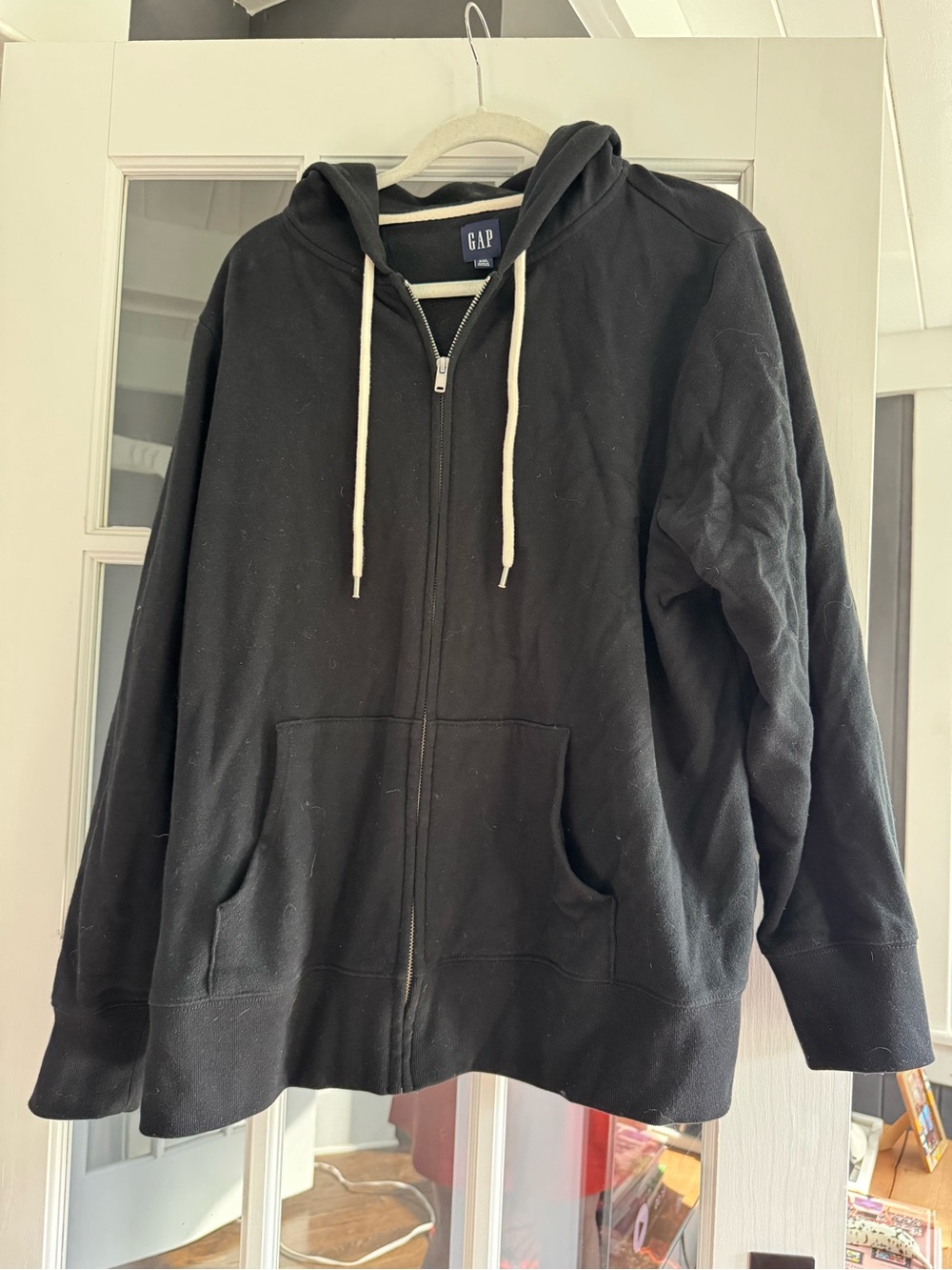 GAP Black Zip-Up Hoodie with Cream Drawstrings